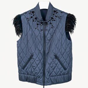 Brunello Cucinelli AW/14 Blue Quilted Silk Crystal Feather-Trim Vest